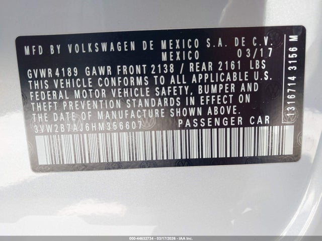 2017 Volkswagen Jetta 1.4t S მანქანა იყიდება აუქციონზე, vin: 3VW2B7AJ6HM356607, აუქციონის ნომერი: 44632734