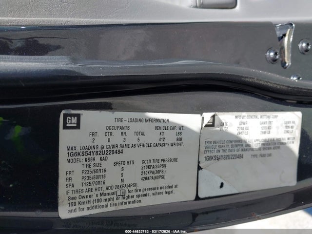 Auction sale of the 2002 Cadillac Seville Sls, vin: 1G6KS54Y82U220484, lot number: 44632763