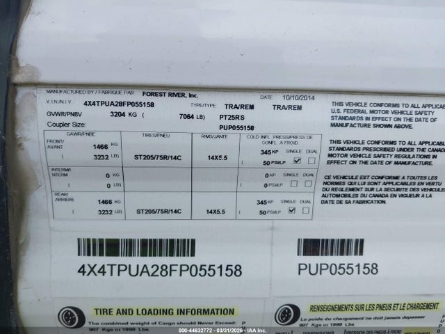 Продажа на аукционе авто 2015 Palomino Puma 25rs Travel Trailer, vin: 4X4TPUA28FP055158, номер лота: 44632772