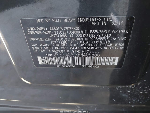 2015 Subaru Forester 2.5i Touring მანქანა იყიდება აუქციონზე, vin: JF2SJAUCXFH409666, აუქციონის ნომერი: 44632824