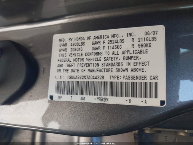 44632834 :رقم المزاد ، 19UUA662X7A044328 vin ، 2007 Acura Tl 3.2 مزاد بيع