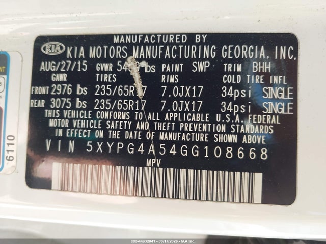 44632841 :رقم المزاد ، 5XYPG4A54GG108668 vin ، 2016 Kia Sorento 3.3l Lx مزاد بيع