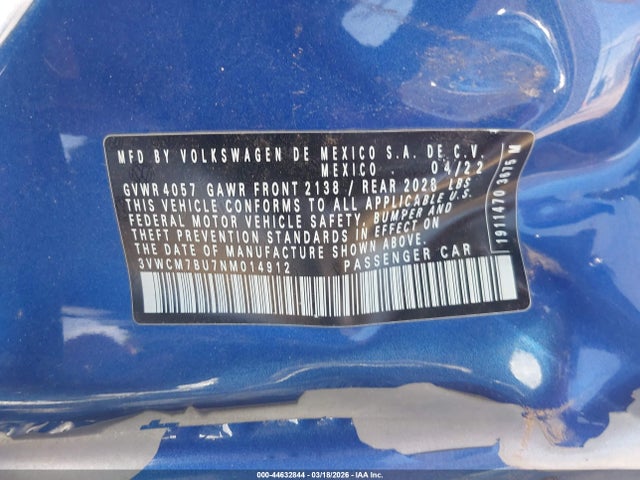 Продаж на аукціоні авто 2022 Volkswagen Jetta 1.5t S, vin: 3VWCM7BU7NM014912, номер лоту: 44632844