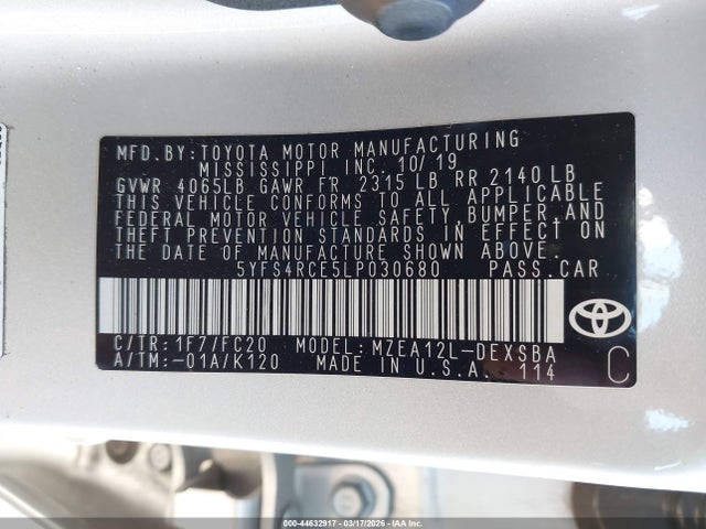 44632917 :رقم المزاد ، 5YFS4RCE5LP030680 vin ، 2020 Toyota Corolla Se مزاد بيع