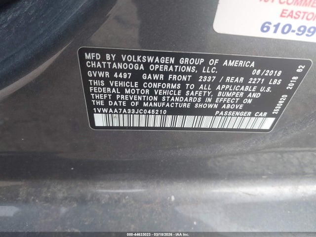 Продаж на аукціоні авто 2018 Volkswagen Passat 2.0t R-line/2.0t S, vin: 1VWAA7A33JC045210, номер лоту: 44633023