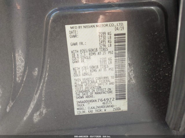 44633029 :رقم المزاد ، 1N6AD0ER6KN764972 vin ، 2019 Nissan Frontier Sv مزاد بيع