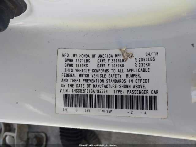 Продаж на аукціоні авто 2016 Honda Accord Sport, vin: 1HGCR2F51GA195534, номер лоту: 44633050
