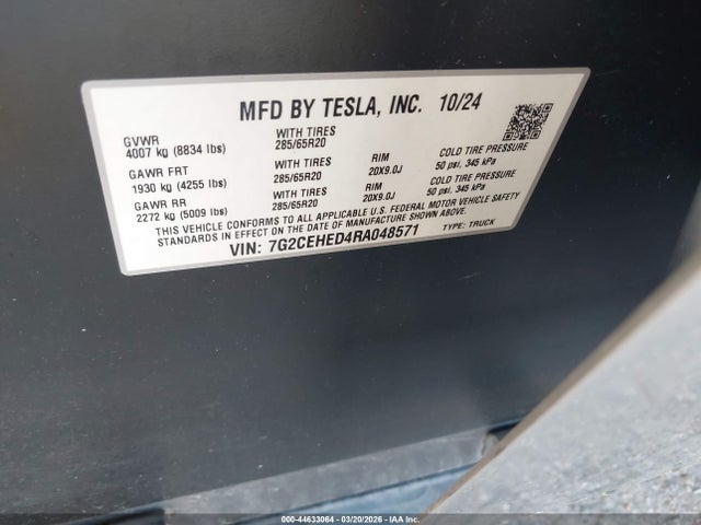 44633064 :رقم المزاد ، 7G2CEHED4RA048571 vin ، 2024 Tesla Cybertruck All-wheel Drive مزاد بيع