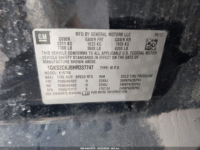 44633070 :رقم المزاد ، 1GKS2CKJ8HR337747 vin ، 2017 Gmc Yukon Denali مزاد بيع