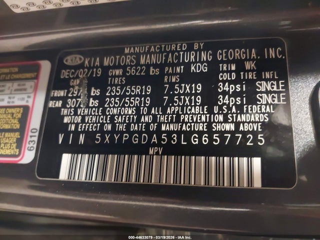 Продаж на аукціоні авто 2020 Kia Sorento 3.3l S, vin: 5XYPGDA53LG657725, номер лоту: 44633079
