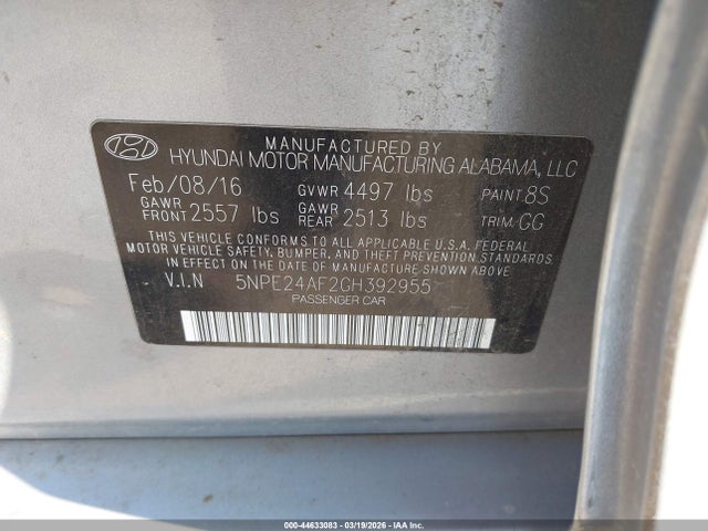 5NPE24AF2GH392955 Hyundai Sonata