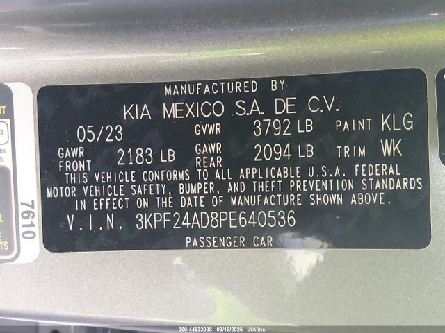 3KPF24AD8PE640536 KIA Forte Lxs