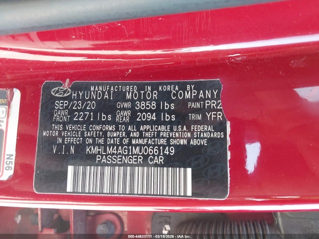 Aukcja sprzedaży 2021 Hyundai Elantra Sel, vin: KMHLM4AG1MU066149, numer aukcji: 44633111