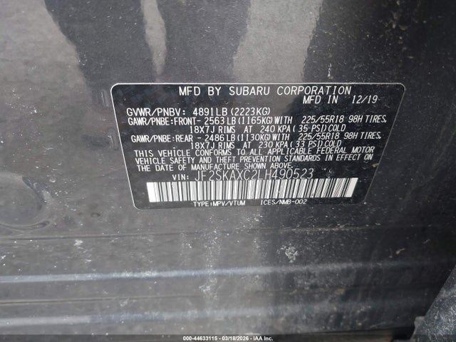 2020 Subaru Forester Touring მანქანა იყიდება აუქციონზე, vin: JF2SKAXC2LH490523, აუქციონის ნომერი: 44633115