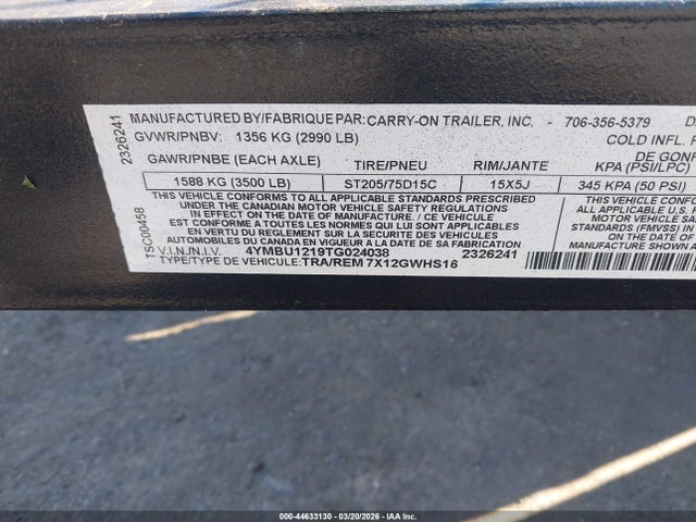 Продаж на аукціоні авто 2026 Carry On Trailer, vin: 4YMBU1219TG024038, номер лоту: 44633130