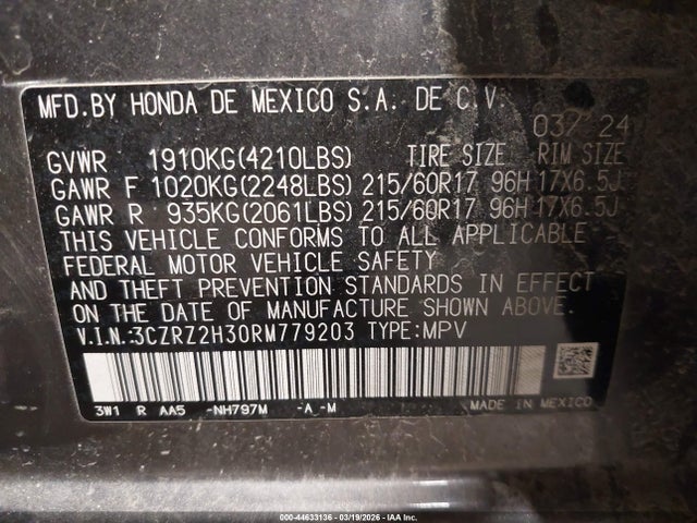Продажа на аукционе авто 2024 Honda Hr-v Awd Lx, vin: 3CZRZ2H30RM779203, номер лота: 44633136