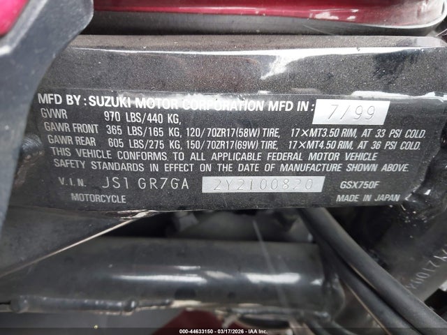 Продажа на аукционе авто 2000 Suzuki Gsx750 F, vin: JS1GR7GA2Y2100820, номер лота: 44633150