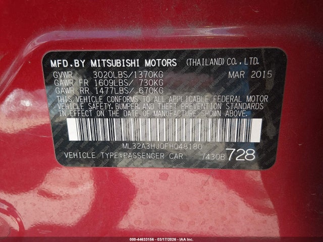 Продаж на аукціоні авто 2015 Mitsubishi Mirage De/rf, vin: ML32A3HJ0FH048180, номер лоту: 44633156