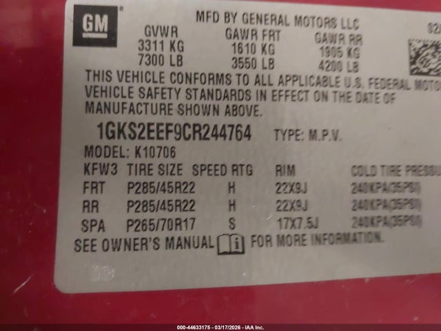 Продажа на аукционе авто 2012 Gmc Yukon Denali, vin: 1GKS2EEF9CR244764, номер лота: 44633175