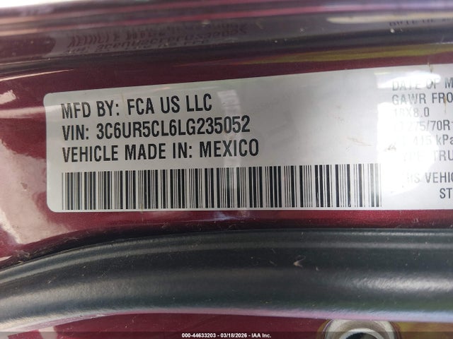 44633203 :رقم المزاد ، 3C6UR5CL6LG235052 vin ، 2020 Ram 2500 Tradesman  4x4 6'4 Box مزاد بيع