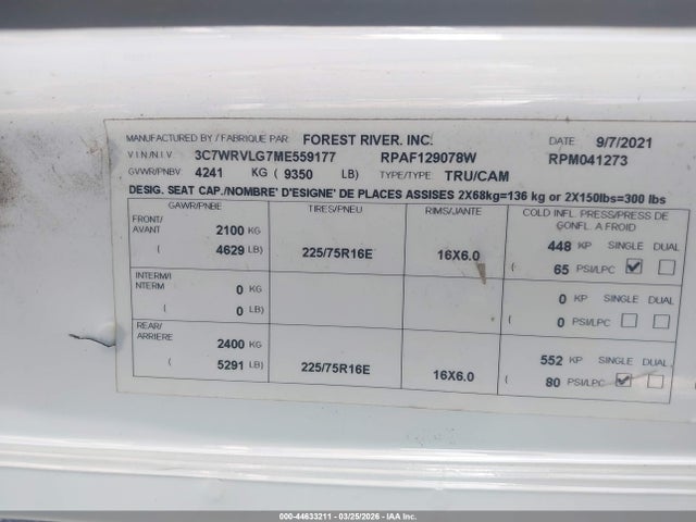 Aukcja sprzedaży 2021 Ram Promaster 3500 Cutaway Low Roof, vin: 3C7WRVLG7ME559177, numer aukcji: 44633211