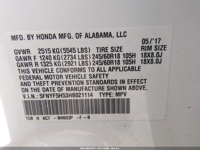 Продаж на аукціоні авто 2017 Honda Pilot Ex-l, vin: 5FNYF5H53HB021114, номер лоту: 44633218