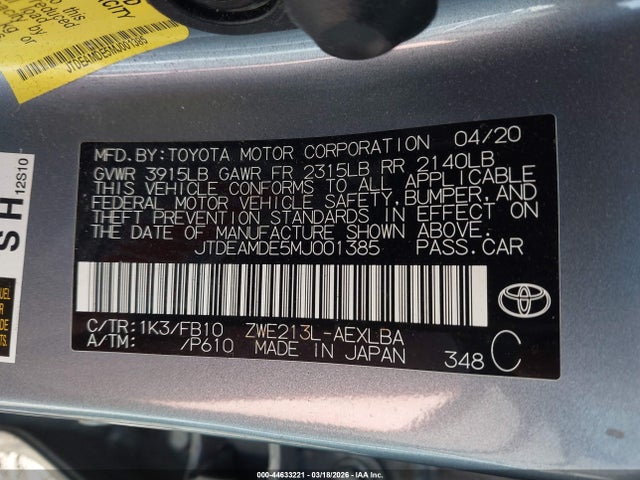 2021 Toyota Corolla Hybrid Le მანქანა იყიდება აუქციონზე, vin: JTDEAMDE5MJ001385, აუქციონის ნომერი: 44633221