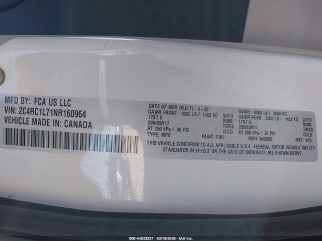 2022 Chrysler Pacifica Hybrid Touring L მანქანა იყიდება აუქციონზე, vin: 2C4RC1L71NR160964, აუქციონის ნომერი: 44633237