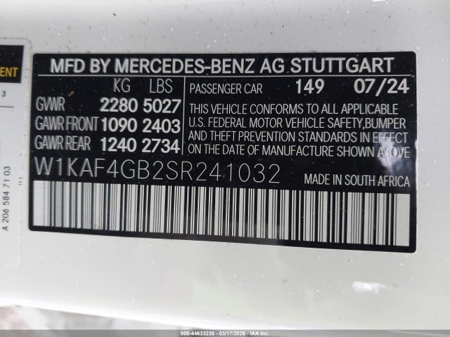 Aukcja sprzedaży 2025 Mercedes-benz C 300, vin: W1KAF4GB2SR241032, numer aukcji: 44633238