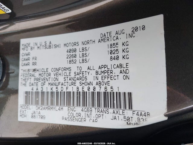 2011 MITSUBISHI ECLIPSE 4A31K5DF1BE007651 Photo 8