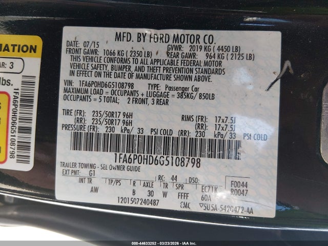 Ford FUSION SE 2016 1FA6P0HD6G5108798 Image 9