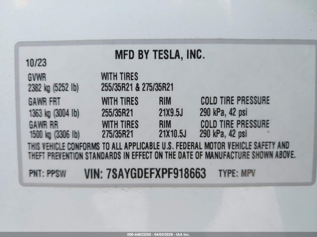 44633255 :رقم المزاد ، 7SAYGDEFXPF918663 vin ، 2023 Tesla Model Y Performance Dual Motor All-wheel Drive مزاد بيع