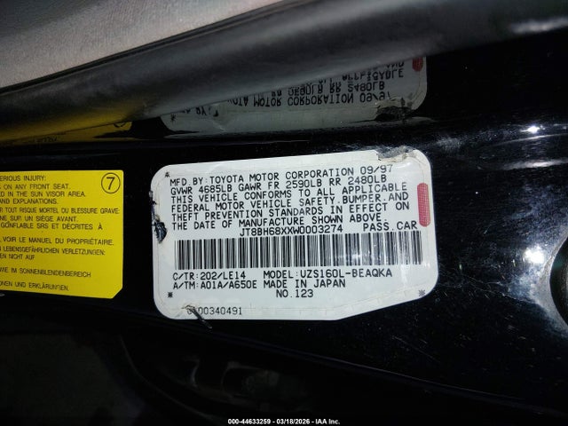 44633259 :رقم المزاد ، JT8BH68XXW0003274 vin ، 1998 Lexus Gs 400 مزاد بيع