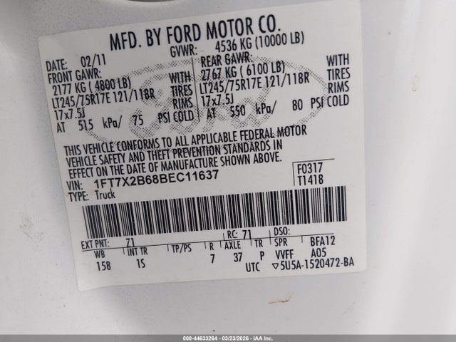 44633264 :رقم المزاد ، 1FT7X2B68BEC11637 vin ، 2011 Ford F-250 Xl مزاد بيع