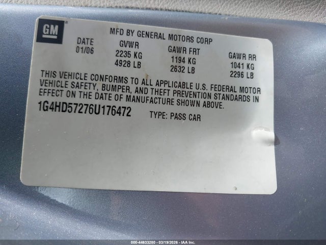 Продажа на аукционе авто 2006 Buick Lucerne Cxl, vin: 1G4HD57276U176472, номер лота: 44633280