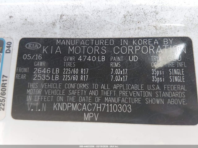 Aukcja sprzedaży 2017 Kia Sportage Lx, vin: KNDPMCAC7H7110303, numer aukcji: 44633286