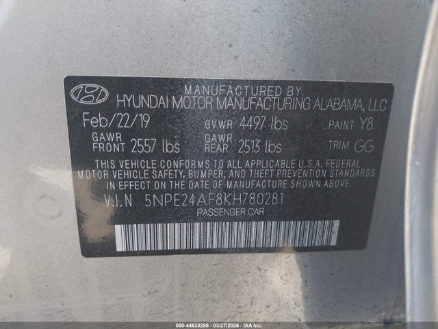 Aukcja sprzedaży 2019 Hyundai Sonata Se, vin: 5NPE24AF8KH780281, numer aukcji: 44633298