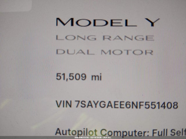 2022 Tesla Model Y Long Range Dual Motor All-wheel Drive მანქანა იყიდება აუქციონზე, vin: 7SAYGAEE6NF551408, აუქციონის ნომერი: 44633338