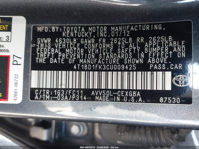 2012 Toyota Camry Hybrid Xle მანქანა იყიდება აუქციონზე, vin: 4T1BD1FK3CU009425, აუქციონის ნომერი: 44633373