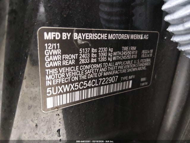 Продажа на аукционе авто 2012 Bmw X3 Xdrive28i, vin: 5UXWX5C54CL722907, номер лота: 44633381
