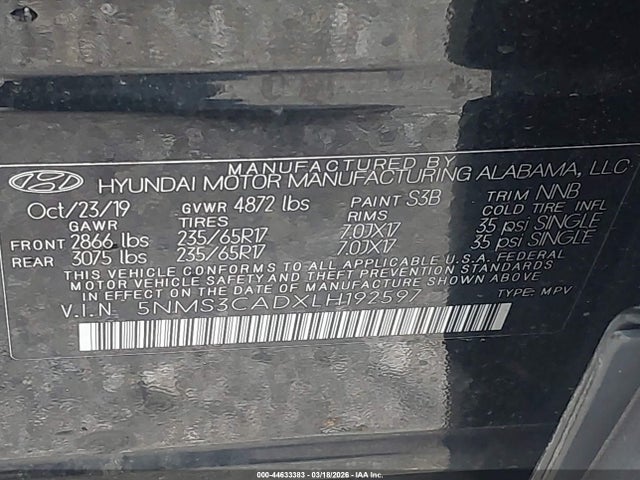 44633383 :رقم المزاد ، 5NMS3CADXLH192597 vin ، 2020 Hyundai Santa Fe Sel مزاد بيع