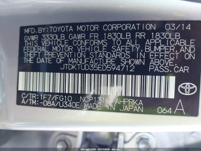 JTDKTUD35ED594712 Toyota Yaris Le (tmc/cbu Plant)