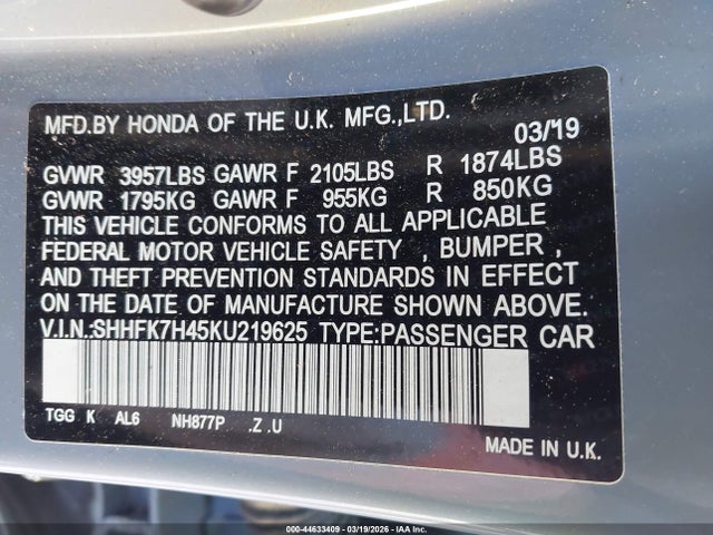 44633409 :رقم المزاد ، SHHFK7H45KU219625 vin ، 2019 Honda Civic Sport مزاد بيع