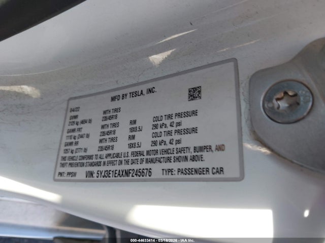 Продажа на аукционе авто 2022 Tesla Model 3 Rear-wheel Drive, vin: 5YJ3E1EAXNF245676, номер лота: 44633414