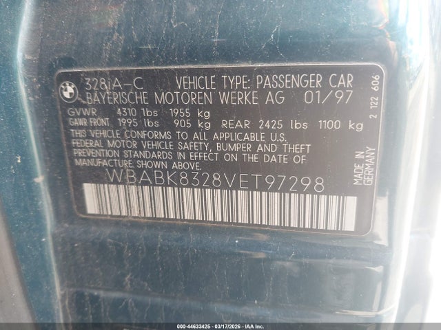 Продажа на аукционе авто 1997 Bmw 328ic, vin: WBABK8328VET97298, номер лота: 44633425