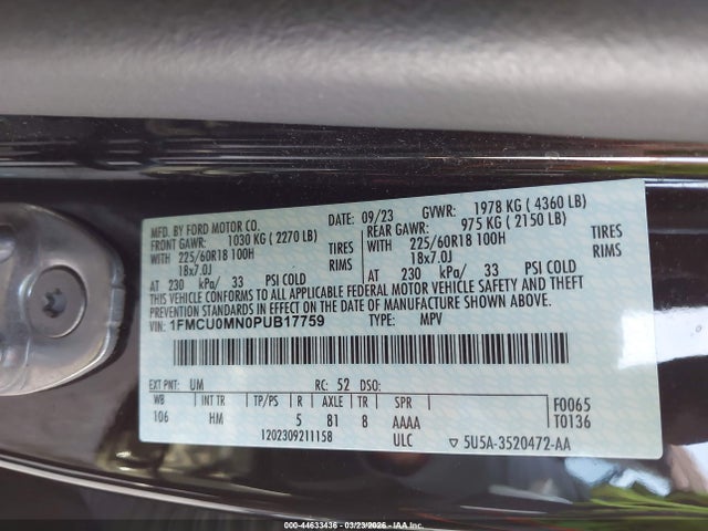 Aukcja sprzedaży 2023 Ford Escape St-line, vin: 1FMCU0MN0PUB17759, numer aukcji: 44633436