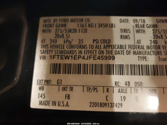 44633444 :رقم المزاد ، 1FTEW1EP4JFE45999 vin ، 2018 Ford F-150 Xlt مزاد بيع