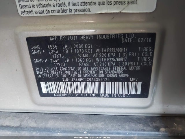 Продаж на аукціоні авто 2010 Subaru Outback 2.5i Limited, vin: 4S4BRCKC0A3359125, номер лоту: 44633446