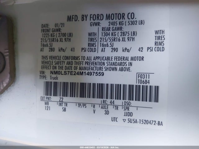 Продаж на аукціоні авто 2021 Ford Transit Connect Xl, vin: NM0LS7E24M1497559, номер лоту: 44633453