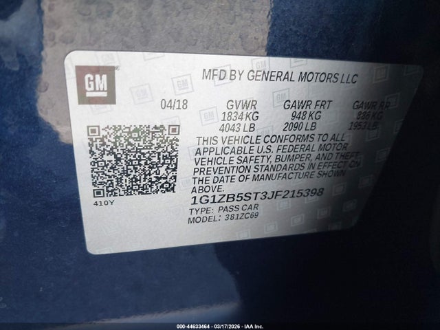 44633464 :رقم المزاد ، 1G1ZB5ST3JF215398 vin ، 2018 Chevrolet Malibu 1ls مزاد بيع